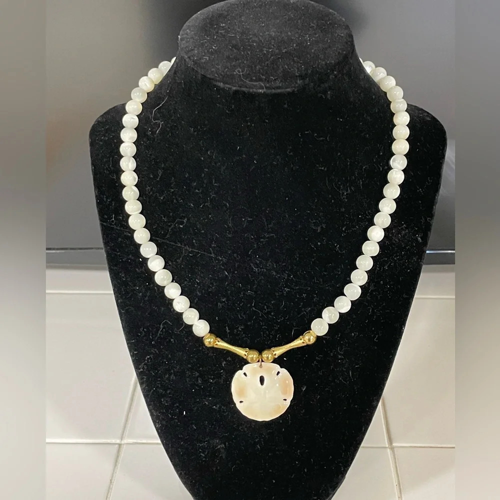 Sand Dollar necklace with beaded pearl tones beach statement 18" gold tones